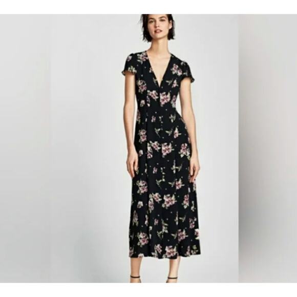 Zara Floral Black & Pink Button Up Midi Dress Size L - Picture 1 of 11
